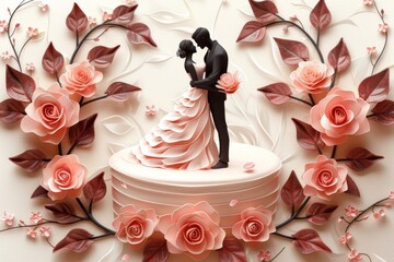 Elegant wedding illustration of a couple on a cake symbolizing love romance and celebration in a classic detailed setting