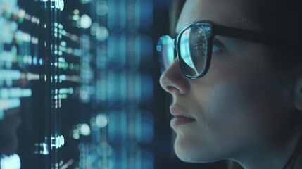 Fototapeta premium A woman deeply focused, analyzing data on a large screen, with her glasses reflecting the digital interface.