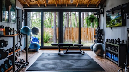 Modern home gym with exercise equipment, weights, and a bench in a bright room with large windows and a garden view.