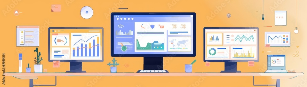 Poster modern office setup with multiple computer screens displaying data charts and graphs on an orange ba