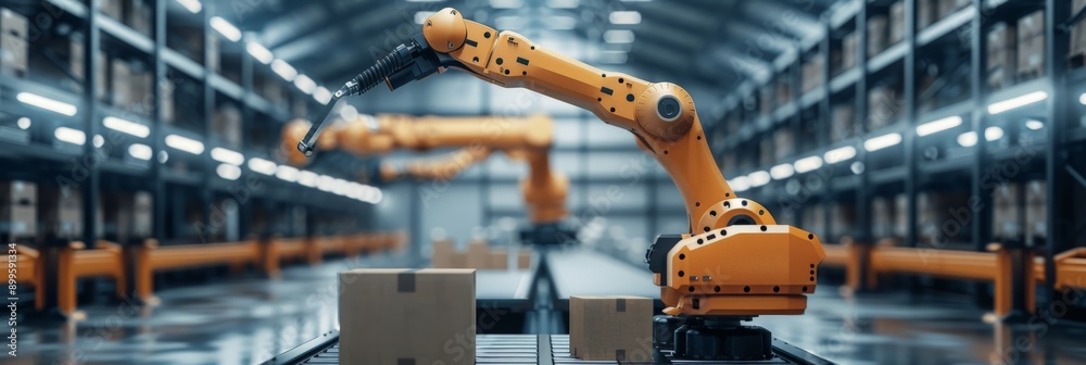 Poster Robotic arm in an automated warehouse handling packages. Representing advanced logistics and smart warehouse solutions.