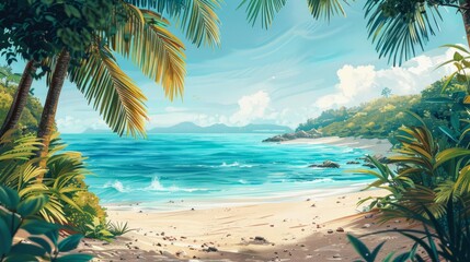 Tropical beach with palm trees, crystal-clear water, and a sunn