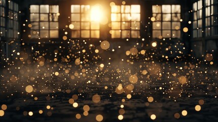 Naklejka premium A beautiful scene of shimmering particles illuminated by warm sunlight in an empty space, creating a mesmerizing atmosphere.