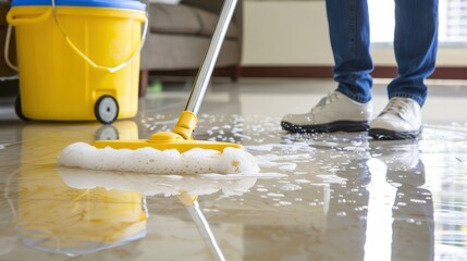 Person mopping a soapy wet floor with a yellow bucket nearby, showcasing cleaning and maintenance activities.