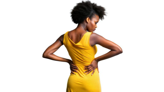 A woman standing in front of a white background, holding her lower back in discomfort.