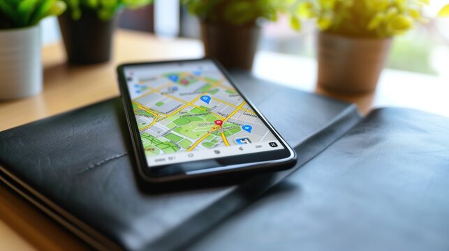 Smartphone Displaying Local SEO Optimization Map on Desk