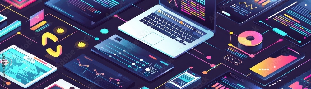 Poster top view of digital devices showcasing graphs, charts, and data visualizations, representing modern 