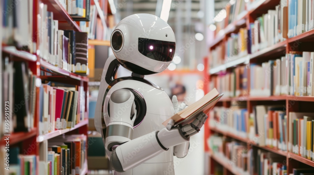 Poster Humanoid robot reading a book in a library aisle. Represents the blend of technology and traditional learning environments.