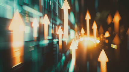 A dynamic, digital art piece illustrating rising arrows, symbolizing growth and progress, against a backdrop of technologic abstract visuals.