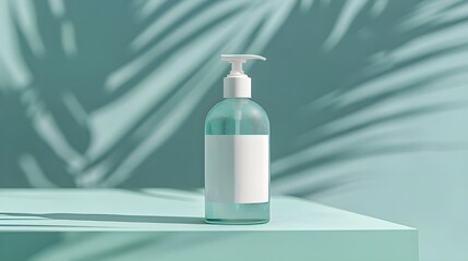 A minimalist light teal pump bottle set against a coordinating teal background with a tropical leaf design, emphasizing clean and refreshing skincare.Keywords: light teal pump bottle, teal background