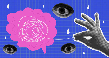 Collage banner with brain and halftone hand. Mental health concept. Healthcare and medical therapies prevention mental problem