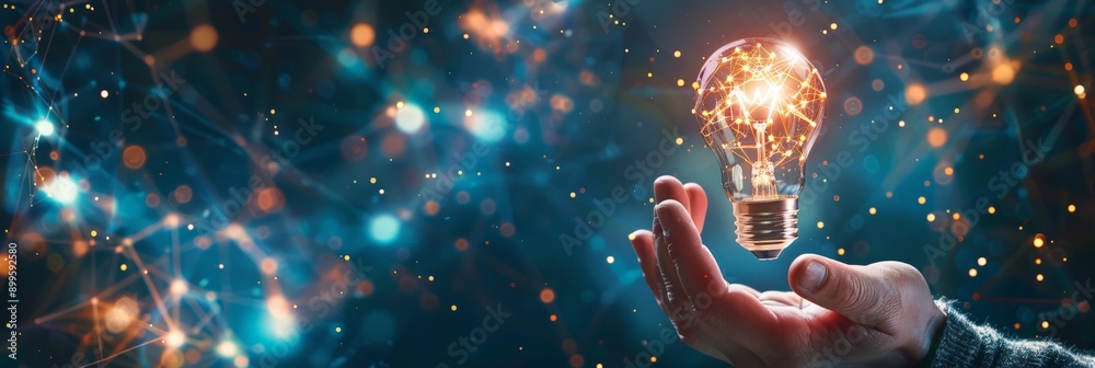 Poster person holding a glowing light bulb in a bokeh background. concept of creativity and innovative idea