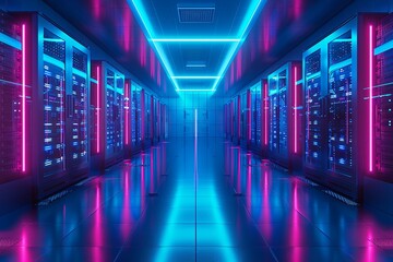 Fototapeta premium Illuminated Server Room With Neon Blue and Pink Lights at Night. Generative AI