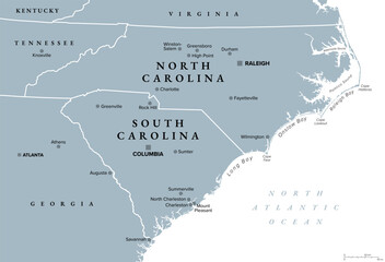 Obraz premium The Carolinas or simply Carolina, U.S. states North and South Carolina, gray political map, with borders and capitals Raleigh and Columbia. Bordered by Virginia, Tennessee, Georgia, and the Atlantic.