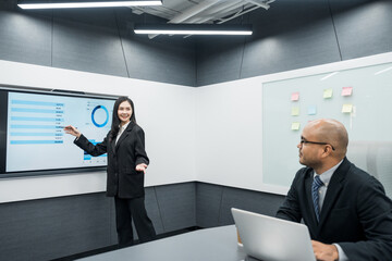 Fototapeta premium Asian business people team analyzing statistics financial. Group Team of ceo business man and woman Meeting Conference Discussion various topic. Executive professional managers Corporate in office.