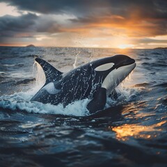 Fototapeta premium Orca Whale Breaching Dramatic Ocean Surface with Powerful Lighting