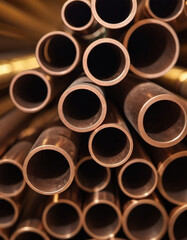 Copper bronze heat exchanger pipes. Heavy non-ferrous metallurgy. Factory industrial production of metal cuprum pipes. Heat exchanger is a technical device in which heat is exchanged between two media