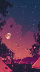 
12h flat illustration,minimalist style,Create a vibrant and dynamic background image for the NZ Space Pop-up City