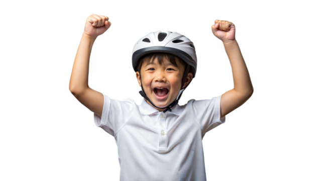 Young Boy Celebrating Joyfully in a White T-Shirt and Bicycle Helmet With Raised Fists in a Bright Space - Powered by Adobe