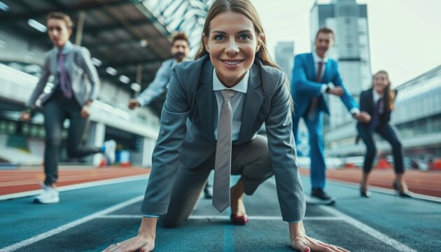 Business people standing ready for run sprint competition on race track - Powered by Adobe