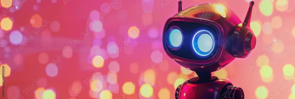Poster Adorable small robot with glowing eyes on a colorful bokeh background. Friendly and advanced AI technology.