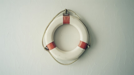 An orange and white lifebuoy casts a shadow against a light-colored wall, symbolizing safety and maritime tradition in a minimalist setting.