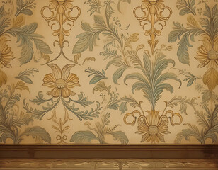 wallpaper with floral pattern, detail of an old wall with wooden floor, architecture