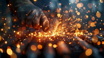 A close-up of a craftsman working with metal, creating sparks and showcasing the art of metalworking in a fiery display.