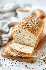 healthy bread, Freshly baked vegan protein bread with a fluffy texture, mixed seeds, and nutritional yeast, emphasizing health benefits.