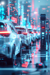 Fototapeta premium futuristic investment, Electric vehicles at a charging dock in a futuristic city, highlighting the rise of eco-friendly transportation.