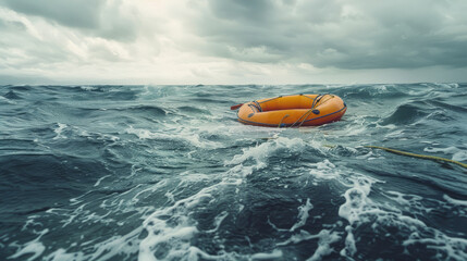 An empty orange life raft on a turbulent, deep blue sea under a cloudy sky, evoking a feeling of solitude and survival.