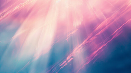 Ethereal pink and blue light beams radiate through a soft, mystic atmosphere, creating a dreamlike ambiance that feels otherworldly and serene.