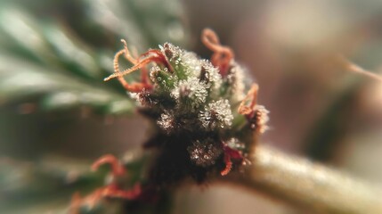Close-up shot of a cannabis bud, showcasing the trichomes and their frosty appearance.