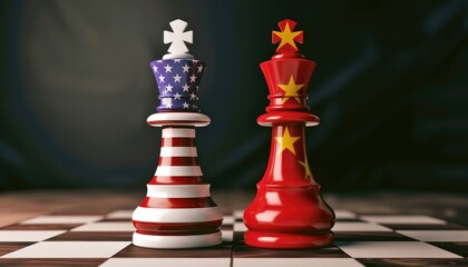 The United States flag and the Chinese flag are screen printed on a pawn chess piece. Represents trade war tariff barriers between the United States and China.