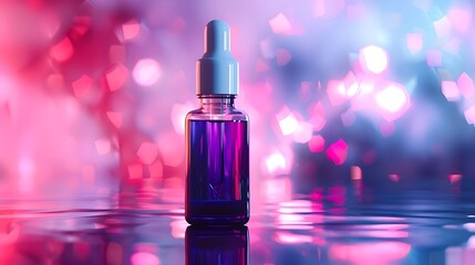 A purple serum bottle, beautifully illuminated with a sparkling, bokeh background that enhances its vibrant and attractive appearance.