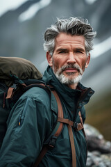 Obraz premium A portrait of an attractive mature man hiking in the mountains, wearing outdoor and backpack, 