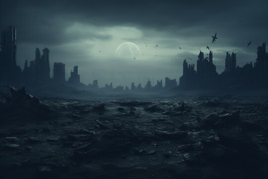 apocalyptic view on ruins of city with destroyed skyscrapers, devastating apocalyptic landscape.