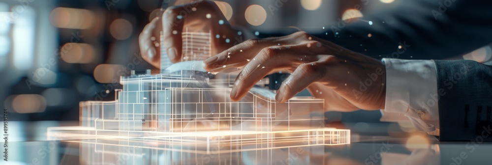 Poster Close-up of hands working on a holographic building model in an office. Advanced technology in architectural design