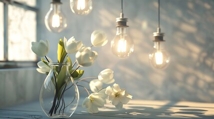 Fototapeta premium White tulips in a vase on a wooden table with warm light from hanging bulbs.