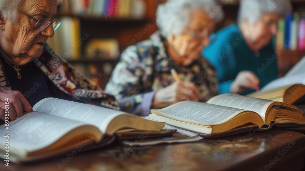Poster Three elderly people are deeply focused on studying foreign languages using textbooks and dictionaries in a warm and inviting library setting. Generative AI
