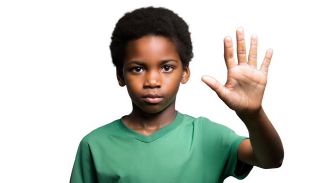 A young boy holds a stop sign.