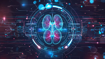Obraz premium Futuristic Medical Research on Kidney Health: Explores futuristic medical research on kidney health care, covering diagnosis and vitals with infographic biometrics for clinical and hospital use.