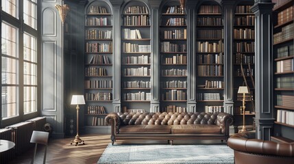 A grand library with floor-to-ceiling bookshelves, a leather sofa, and a large window. Sunlight streams through the room.
