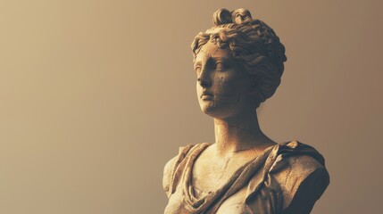 A marble bust of a woman with a serene expression, illuminated by warm light, against a beige backdrop.