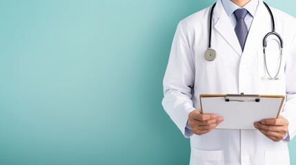 A professional doctor in a lab coat holds a clipboard, symbolizing healthcare and medical expertise in a clinical setting.