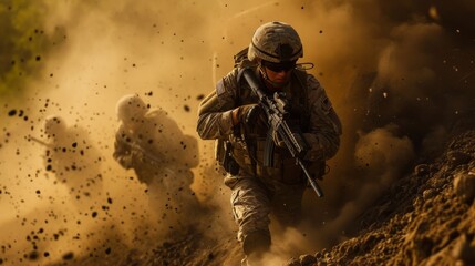 Action-packed scene of soldiers advancing through a dusty battlefield, with one soldier in focus holding a rifle. The dramatic dust cloud and intense expressions convey the urgency and chaos of combat