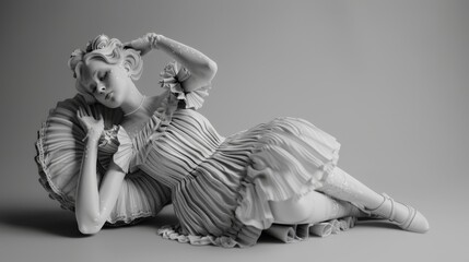 A porcelain ballerina figurine in a flowing dress, reclining on a pillow, captured in a serene pose.