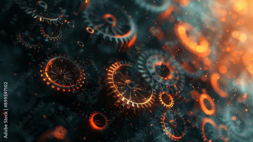 Aufkleber Gears with a glowing orange effect in a mechanical system. Symbolizes industrial engineering and technological advancement.