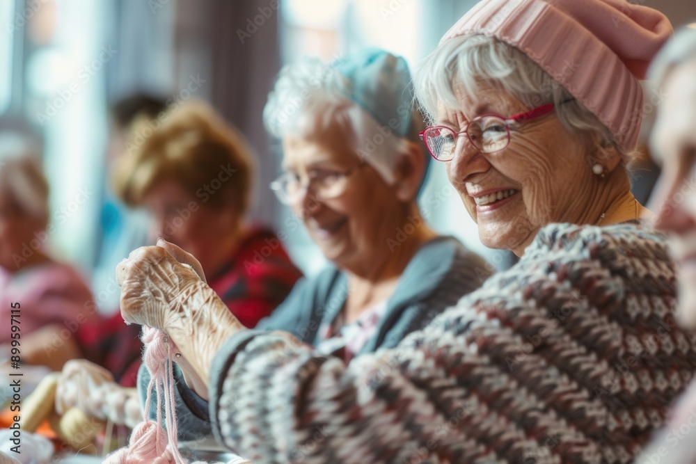 Poster a group of elderly individuals enjoy knitting and crafting together in a vibrant community center le