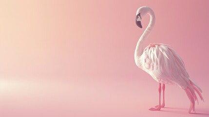 Fototapeta premium A single pink flamingo stands on a soft pink background, creating a minimalist and elegant image.